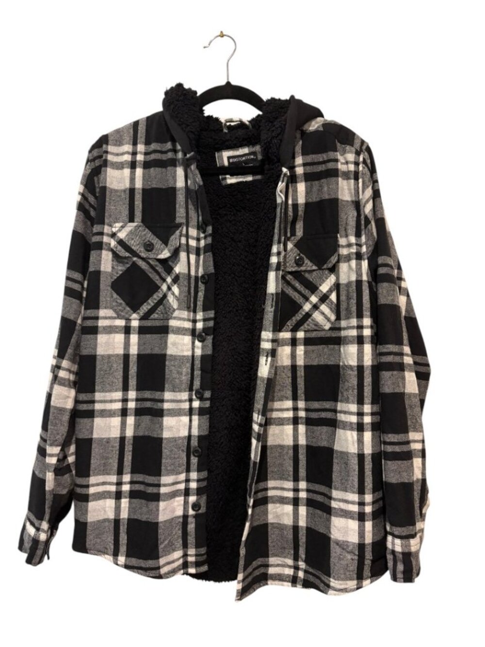 Distortion Plaid flannel hooded shirt jacket.